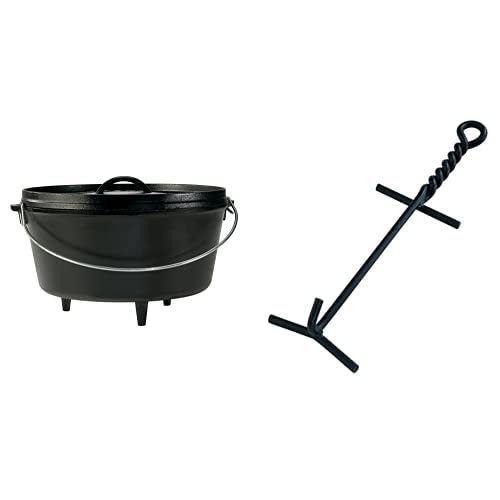 Lodge Deep Camp Dutch Oven, 8 Quart & Camp Dutch Oven Lid Lifter. Black 9 MM Bar Stock for Lifting and Carrying Dutch Ovens. (Black Finish)