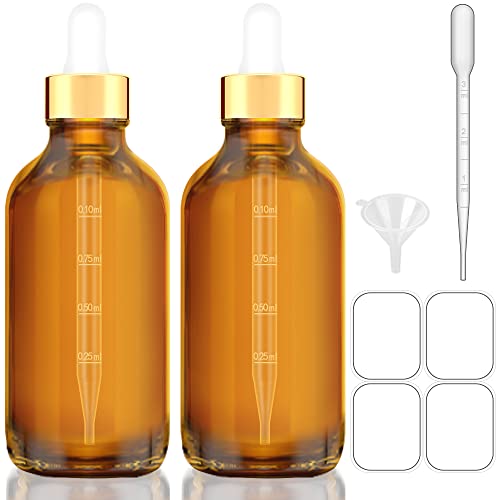 Bumobum Glass Dropper Bottles 4 oz, Amber Eye Dropper Bottle for Essential Oils with Labels and Funnels, 2 pack Tincture Bottle 120 ml with Gold Cap (Unbreakable Plastic Eye Dropper)