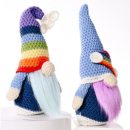 MUEINTR 2 PCS Gnome Plush,Knitted Rainbow Dwarf Doll,Rainbow Gnome Pride Day Gift Home Decor,Faceless Old Man Colorful Long Hat Dwarf Puppet Elf Decoration for Birthday Present Gifts