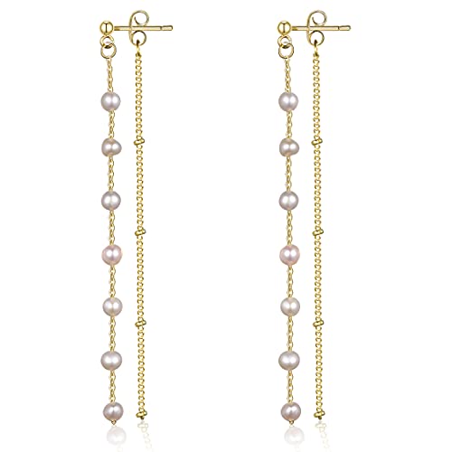 Cowlyn Pearl Tassel Earrings Baroque Cultured Pearls 18K Gold Beads Chain Long Statement Before After Stud Dainty Jewelry for Women（with Gift Box Packaging）