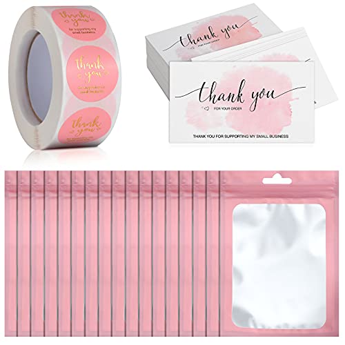 620 Pieces Thank Cards and Stickers Set Thank Gold Foil Stickers Thank for Supporting My Small Business Stickers with Resealable Packaging Bag, Suitable for Business Owners(Pink)