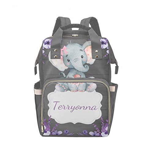 Custom Diaper Bag with Name, Purple Elephant on Rustic Old Wood Diaper Bag Nappy Bags Travel Shoulder Daypack Mummy Backpack Custom Gift for Mom Girl