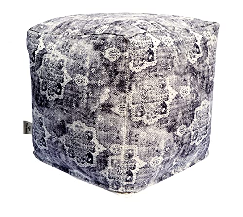 WOVEN ST. Hand-Woven Ottoman Indoor/Outdoor Pouf | 100% Polyester | Footrest | Zipper Cover with Filling | Printed Floor Chair | for Living Room, Bedroom, Kids Room |16x16x16 Inch – Grey