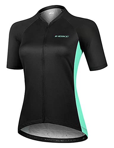 INBIKE Cycling Jersey Women,Short Sleeve Shirt Bike Accessories Running Tops Full Zip Bike Biking Shirt Black&Green Large