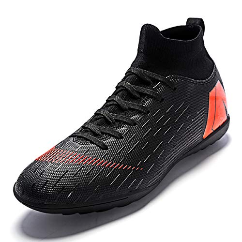 HGX Soccer Boots Shoes for Big Boy – Turf Indoor Youth Football Shoes – High Top Ankle Boots Colorful Ribbon for Men – Outdoor Training TFAG Black, 8