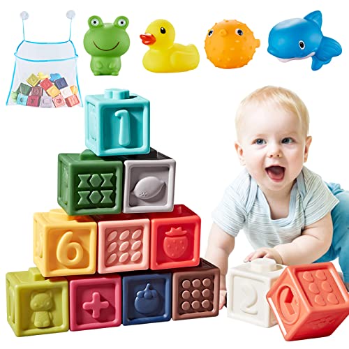 SKYWHALE Baby Soft Building Blocks 6 12 18 Months, 21pcs Toddler Stacking Sensory Learning Education Toys, Infant Rubber Silicone Teething Squeezing Block Gift for Boys Girls