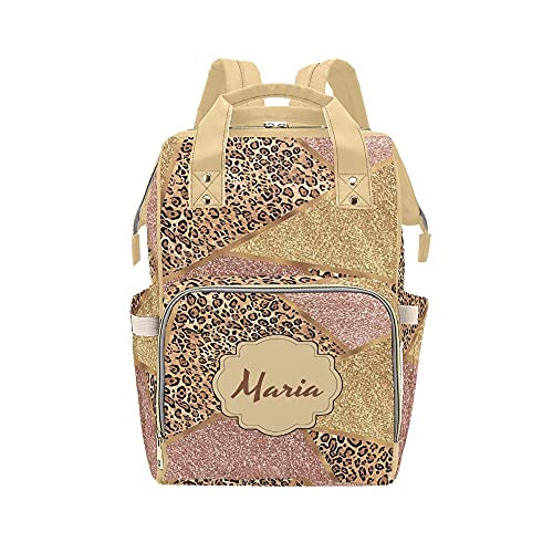 Gold Blush Glitter Leopard Diaper Bag Backpack with Name for Men Women Custom Personalized Nursing Baby Bags Shoulders Travel Bag Daypack