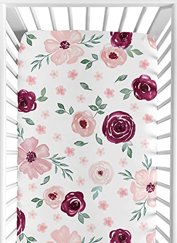 Sweet Jojo Designs Burgundy Watercolor Floral Girl Fitted Crib Sheet Baby or Toddler Bed Nursery – Blush Pink, Maroon, Wine, Rose, Green and White Shabby Chic Flower Farmhouse