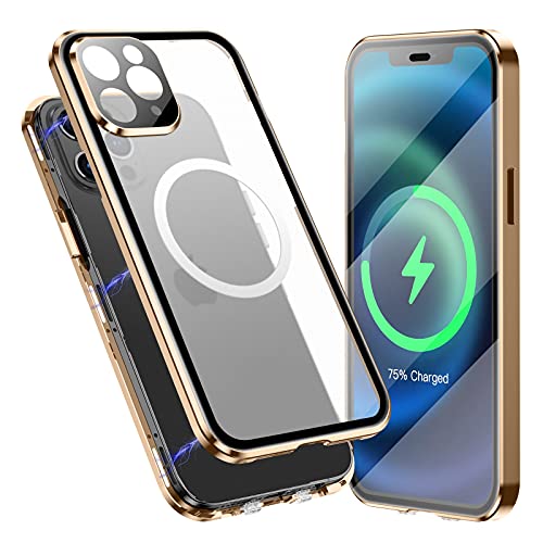 Jonwelsy Case for iPhone12 Pro Max, Compatible with Magsafe 360 Degree Full Body Protection Case Magnetic Attraction Metal Bumper+Front Glass+PC Back Cover for iPhone 12 Pro Max (6.7 inch) (Gold)
