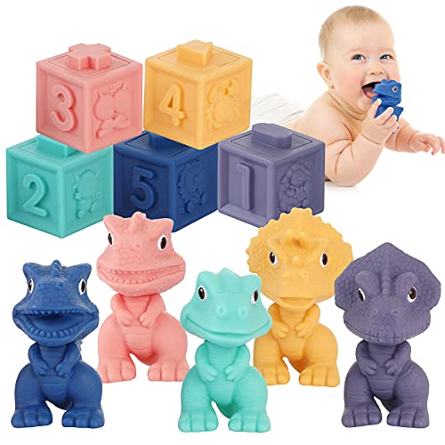 Baby Soft Blocks, Stacking Building Blocks, Teething & Squeezing Dinosaur Toys for Babies, Montessori Blocks with Numbers Animals Fruits, Soft Baby Toy for Baby Infants Toddlers Age 6 to 12 Months Up.