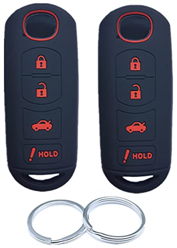 RUNZUIE 2Pcs 4 Buttons Silicone Smart Remote Keyless Entry Key Fob Cover Compatible with 2019-2012 Mazda Miata MX-5 3 6 8 CX-3 CX-5 CX-7 CX-9 Black with Red Button