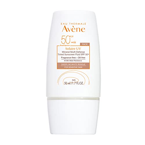 Eau Thermale Avene Solarie UV Mineral Multi-Defense Tinted Sunscreen Fluid, Clean Formula Sunscreen for Sensitive Skin, Reef Friendly, Natural Tint, Non-Whitening, Antioxidant Protection, 1.7 fl.oz.