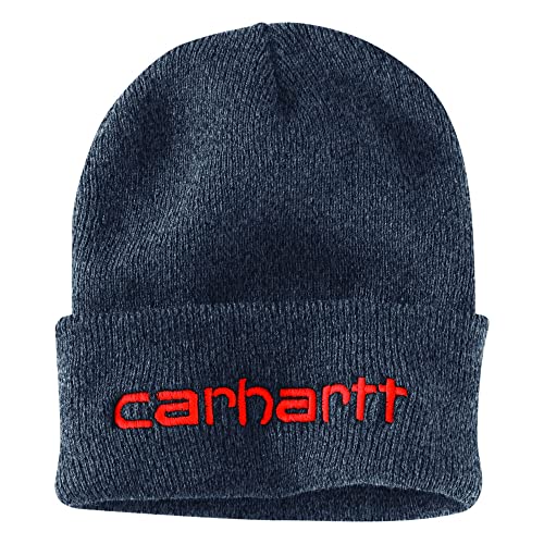 Carhartt Men’s Knit Insulated Logo Graphic Cuffed Beanie, Coal Heather/Brite Orange, OFA