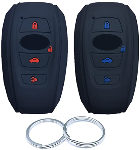 RUNZUIE 2Pcs 4 Buttons Silicone Smart Key Fob Remote Cover Shell Compatible with 2021-2015 Subaru Outback Legacy Impreza Forester XV Ascent Crosstrek Impreza BRZ WRX Sti Black with Red/Blue