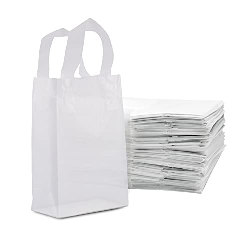 Clear Gift Bags – 100 Pack Plastic Bags with Handles, Small Frosted White Shopping Totes with Cardboard Botton in Bulk for Retail, Merchandise, Business, Boutique, Thank You, Take Out, Parties – 6x3x9