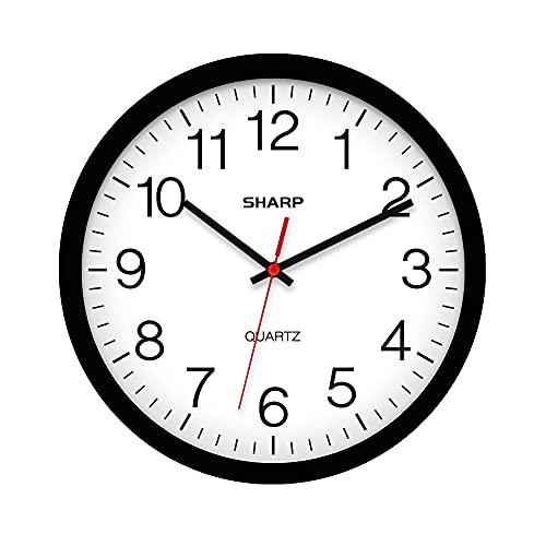 SHARP Wall Clock – Black, Silent Non Ticking 14 Inch Quality Quartz Battery Operated Round Easy to Read Home/Kitchen/Office/Classroom/School Clocks, Sweep Movement