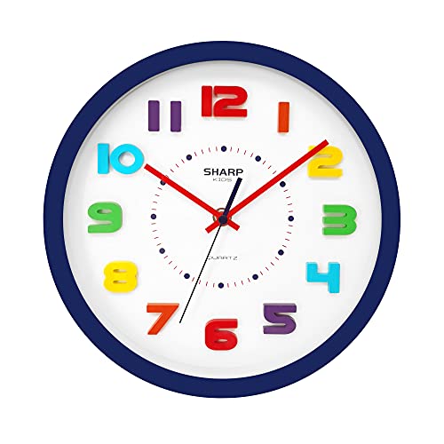 SHARP Colorful Kids Wall Clock 10 Inch Silent Non Ticking Quartz Battery Operated, Easy to Read 3D “Refrigerator Magnet” Style Multi Colored Numbers – Kids Room, Nursery Classroom Office, Blue Case
