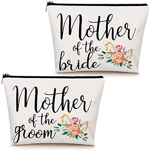Weewooday 2 Pieces Mother of Bride and Groom Wedding Cosmetic Bags Canvas Mother Engagement Makeup Bags Flower Cosmetic Bags Gifts for Parents Future Mother in Law Gifts
