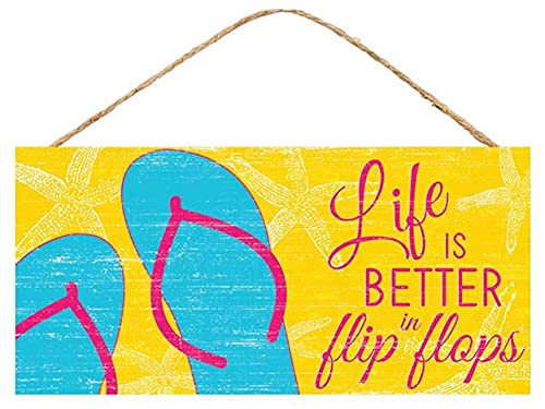 GEDSING Life is Better in Flip Flops Sign: Yellow Porch Decor Wood Wall Signs Hanging Rustic Lake Cabin Welcome Art Door Decorations My House Our Sweet Home Garden Farmhouse 6x12inch Gift