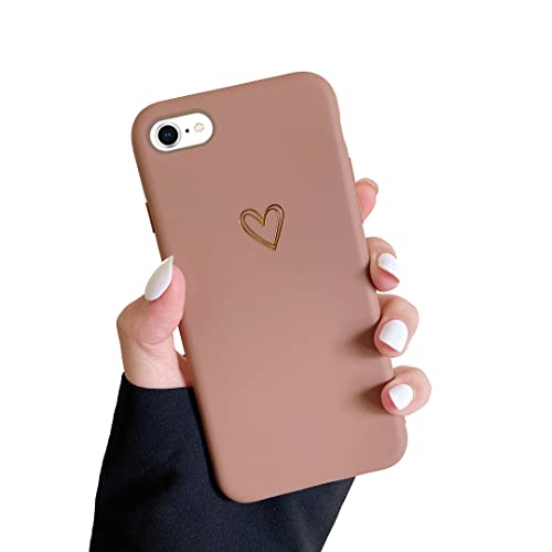 DEFBSC iPhone 7/8 Case, iPhone SE 2022/2020 Case, Fashion Cute Love-Heart Shape Case, Liquid Silicone Gel Rubber Phone Case, Shockproof Soft TPU Protective Case, Brown