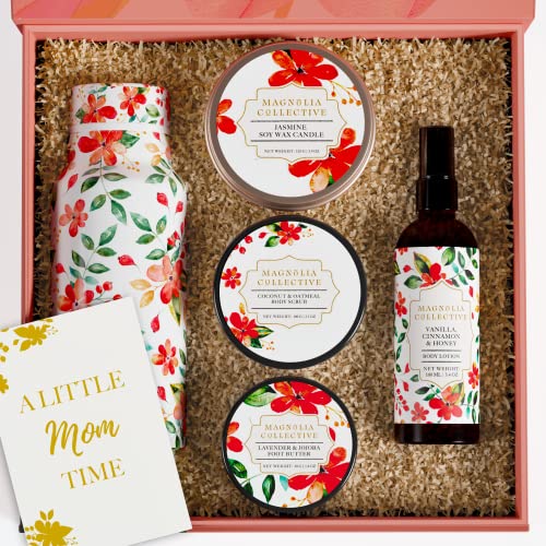 Magnolia Collective 6-Piece Spa Box Set for New Mothers Postpartum Moms – Luxurious Gift Set w Jasmine Candle Vanilla Honey Lotion Coconut Oatmeal Body Scrub – All-Natural Ingredients for Self-Care