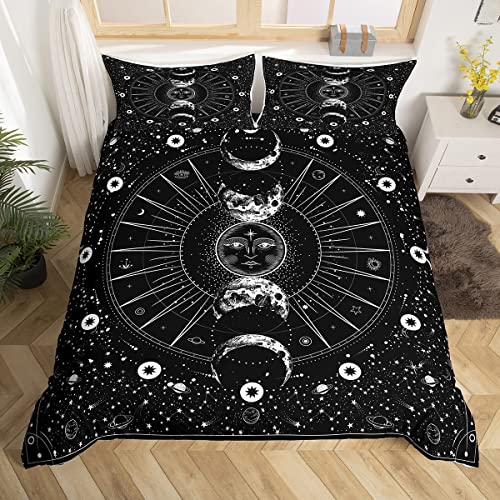 Manfei Sun Moon Comforter Cover Set Stars Space Psychedelic Duvet Cover Black and White Bedding Set 3pcs for Kids Boys Teens Microfiber Bedspread Cover with 2 Pillow Cases(No Comforter) Full Size