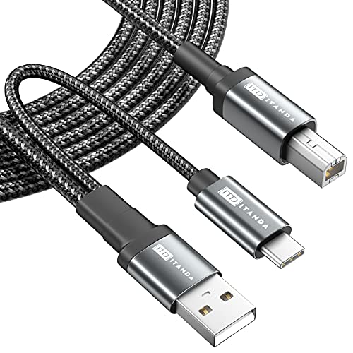 ITD ITANDA Printer Cable，2 in 1 USB Printer Cable 6.6FT，USB 2.0 A Male to B Male Scanner Cord,USB Type C to MIDI Cable Printer Cable, Compatible with Musical Instruments, Pianos, Hp, Canon and More