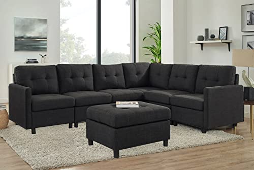 BEEY Sectional Sofa Set 6 Seats Reversible Corner Sectional with Ottoman L-Shaped Fabric Couches Modular Living Room Furniture Sets in Dark Grey