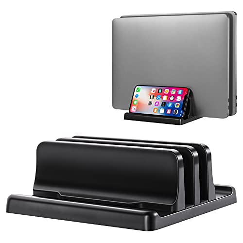 ENUSUNG Vertical Laptop Stand Adjustable Double-Slot Laptop Dock Made of Plastic 4 in 1 Design Laptop Holder Space-Saving for Laptop/MacBook/Surface/iPad up to 17.3 Inches – Black