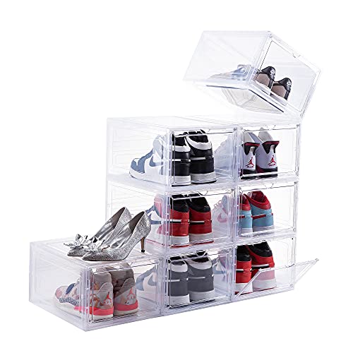 Attelite Clear Shoe Box,Set of 8,Stackable Plastic Shoe Box with Clear Door,As Shoe Storage Box and Drop Front Shoe Box,For Display Sneakers,Easy Assembly,Fit up to US Size 12(13.4”x 10.6”x 7.4”)Clear