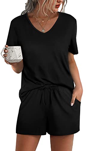 Aloodor Pajama Set for Women 2 Piece Short Sleeve V Neck Pjs Lounge Sets Sleepwear Soft Black L