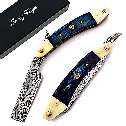 Strong Edges, Hand Made Damascus Steel Straight Razor Folding Razor With Shaving Ready Classic Barber Blade Edge, Men Straight Razor, Leather Case + Strop, Close Shave, Great Gift R-217