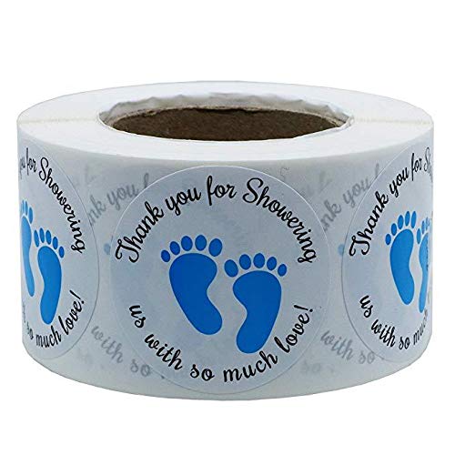 Dartsz Gender Neutral Baby Shower Stickers，Thank You for Showering Us with So Much Love Round Labels Blue Baby Footprint Stickers,