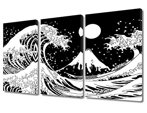 Kanagawa Great Wave Canvas Wall Art Multi Panel Black and White Paintings, Japanese Wave Artwork Home Decor for Living Room Wave with Sun Picture Giclee Framed Stretched Ready to Hang, 36″Wx24″H