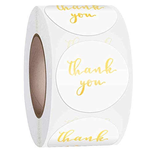 Thank You Sticker Rolls, Business Stickers, Bubble envelopes and Gift Bag Packaging Labels, 500 Sheets per roll, 1.5 inches in Diameter. Gold,white