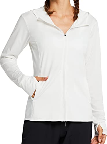 MASKERT Women’s UPF 50+ Sun Protection Hoodie Jacket Full Zip Long Sleeve Shirt with Pockets Hiking Outdoor Performance, White M
