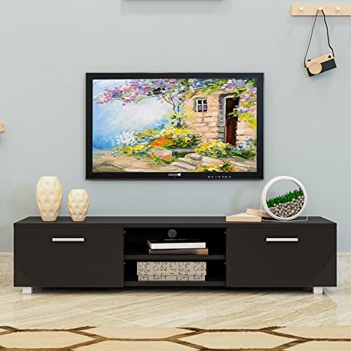 WERSMT Wood TV Stand, Modern 70 inch TV Stand, Entertainment Center with Storage, High Gloss TV Cabinet for Living Room, Black