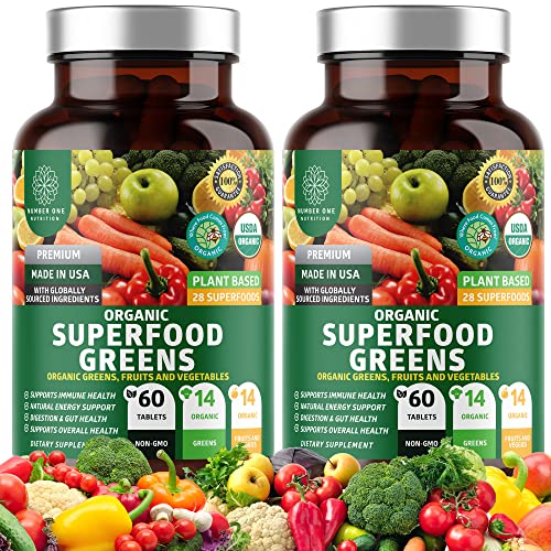 2-Pack N1N Premium Organic Green Superfood, Fruits & Veggies [28 Powerful Ingredients] Natural Supplement with Alfalfa, Beet Root & Tart Cherry for Energy, Immunity, Digestion, Made in USA, 120 Ct