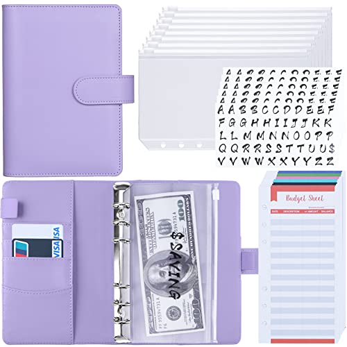 Antner A6 Budget Binder with Zipper Envelopes for Budgeting, Money Organizer for Cash, Expense Budget Sheets with Labels for 6-Ring Money Saving Binder with Cash Envelopes, Purple