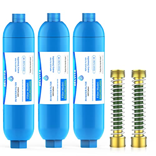 BELVITA RV Inline Marine Water Filter, Reduces Chlorine, Bad Taste&Odor for RVs,NSF Certified with Flexible Hose Protector (Pack of 3)