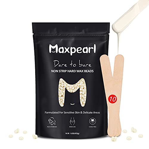 Maxpearl 1lb Hard Wax Beads Refill, Sensitive Skin Friendly Hair Removal Wax Beans, for Delicate Areas – Eyebrows, Face, Armpits, Brazilian Bikini Line, Non Strip Wax with 10 Application Sticks