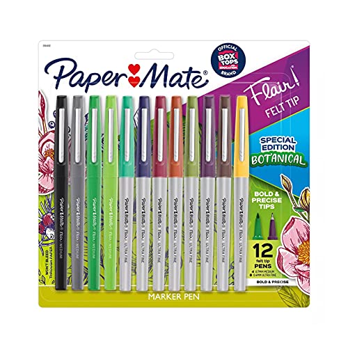 Paper Mate Flair Felt Tip Pens, Medium and Ultra Fine Point, Assorted, Special Edition Botanical, 12 Pack