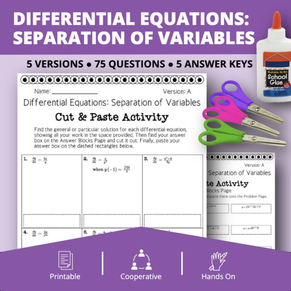 Calculus: Differential Equations (Separation of Variables) Cut & Paste Activity