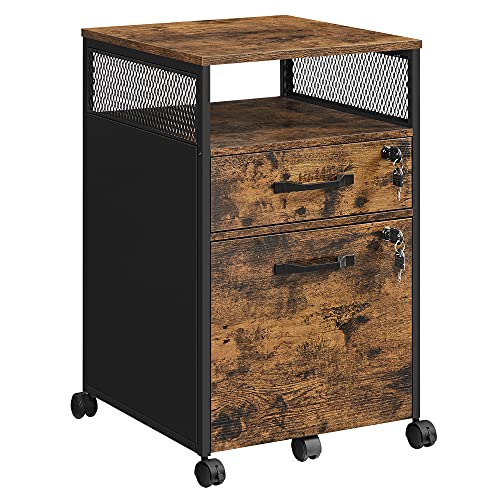 VASAGLE File Cabinet with Lock, Filing Cabinet with 2 Storage Drawers, for Hanging File Folders, Open Shelf, Home Office, Steel Frame, Industrial, Rustic Brown and Black UOFC077B01