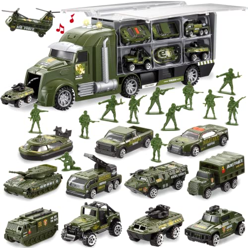 JOYIN 25 in 1 Green Military Big Truck Toys, Army Men Toys, Army Tanks Set with Soldier Men, Mini Battle Car Toy in Carrier Truck with Lights and Sounds, Gifts for Toddler Kids Boys Ages 3+