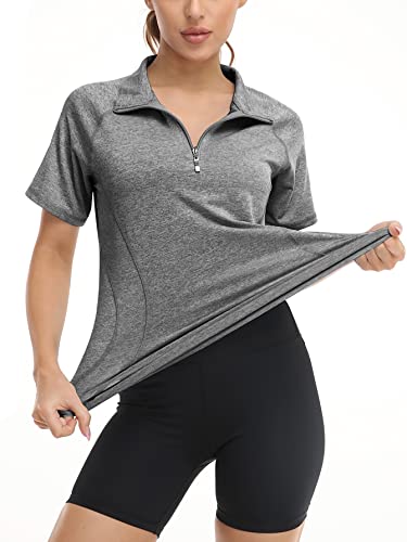 Koscacy Yoga Tops for Women Loose Fit,V Neck Sports Polo Shirts Ladies Golf Tennis Ball Games Shirts Moisture Wicking Casual Summer Running Clothing Grey Large