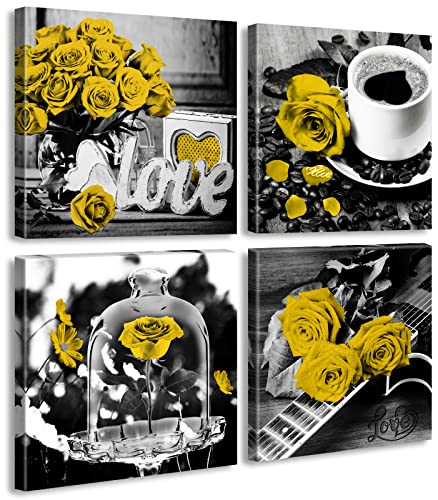 DJSYLIFE Yellow Rose Decor for Living Room Art Wall 4 Piece Flower Picture Poster Decoration Artwork Hanging Painting 12″ Wx12 Hx4