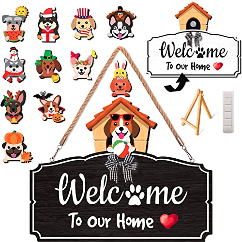 Veriss Interchangeable Welcome Sign for Front Door, Home Wall Decor, Porch, Outdoor, Seasonal Holiday Hanging Wreath, Christmas Decoration – Dog House with Hanger and 12 Cute Wooden Pieces for all Seasons