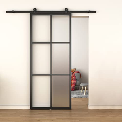 BARNSMITH 36in x 84in Aluminum Glass Sliding Barn Door Panel Heavy Duty DIY Frosted Tempered Glass Door Slab Disassembled(Sliding Hardware not Included)