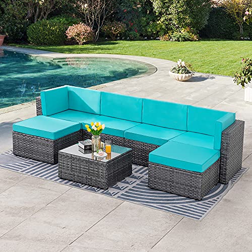 SUNLEI 7pcs Patio Outdoor Furniture Sets Conversation Set,Low Back All-Weather Rattan Sectional Sofa with Tea Table&Washable Couch Cushions&Ottoman(Silver Rattan) (Blue)